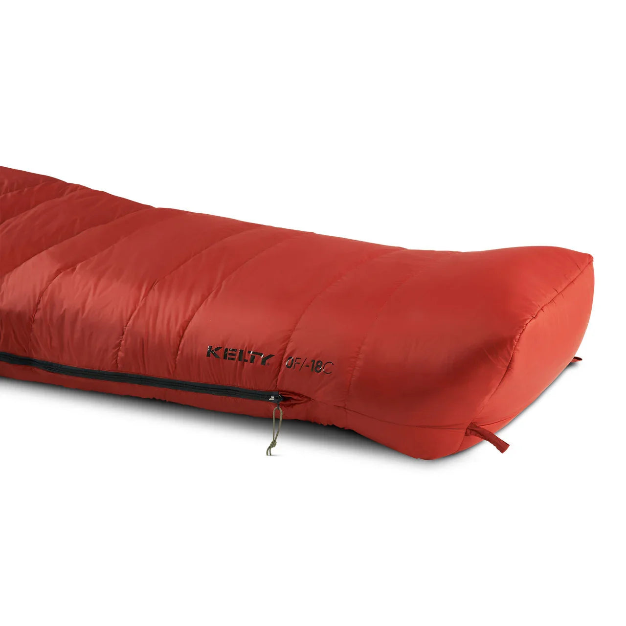 Kelty red down sleeping bag with side zipper on a white background