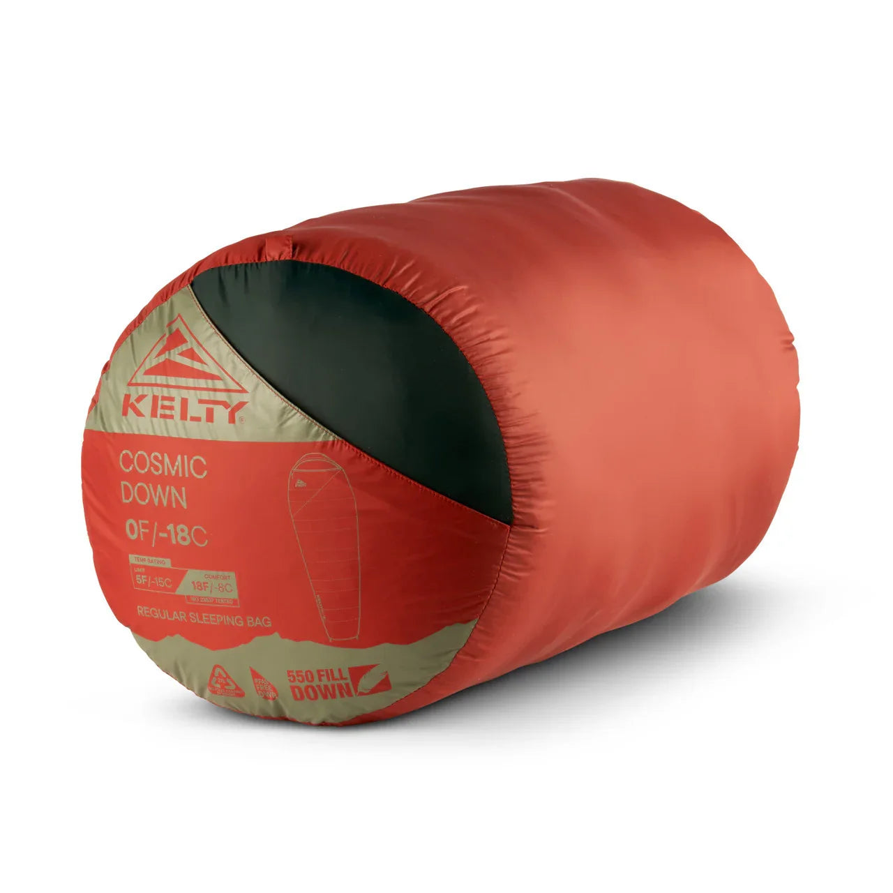Kelty Cosmic Down 0F sleeping bag packed in red stuff sack with logo and specs visible