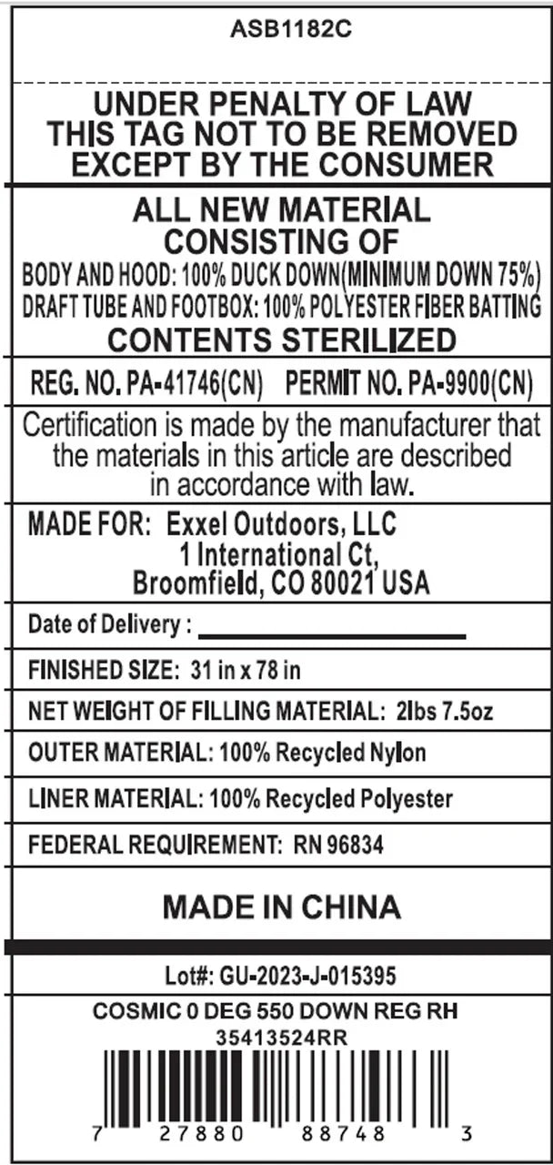 Product label for Kelty Cosmic 0 Degree sleeping bag, lists recycled nylon, duck down, made in China.