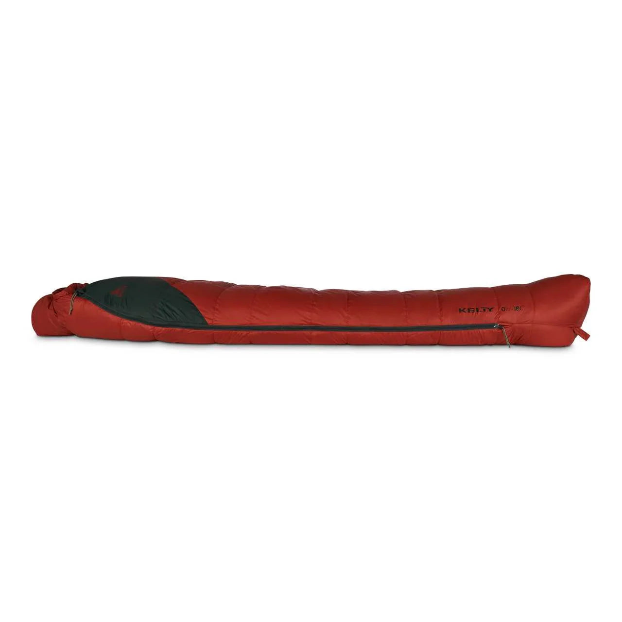 Kelty Cosmic Down 0 sleeping bag in red and black, mummy style, on white background