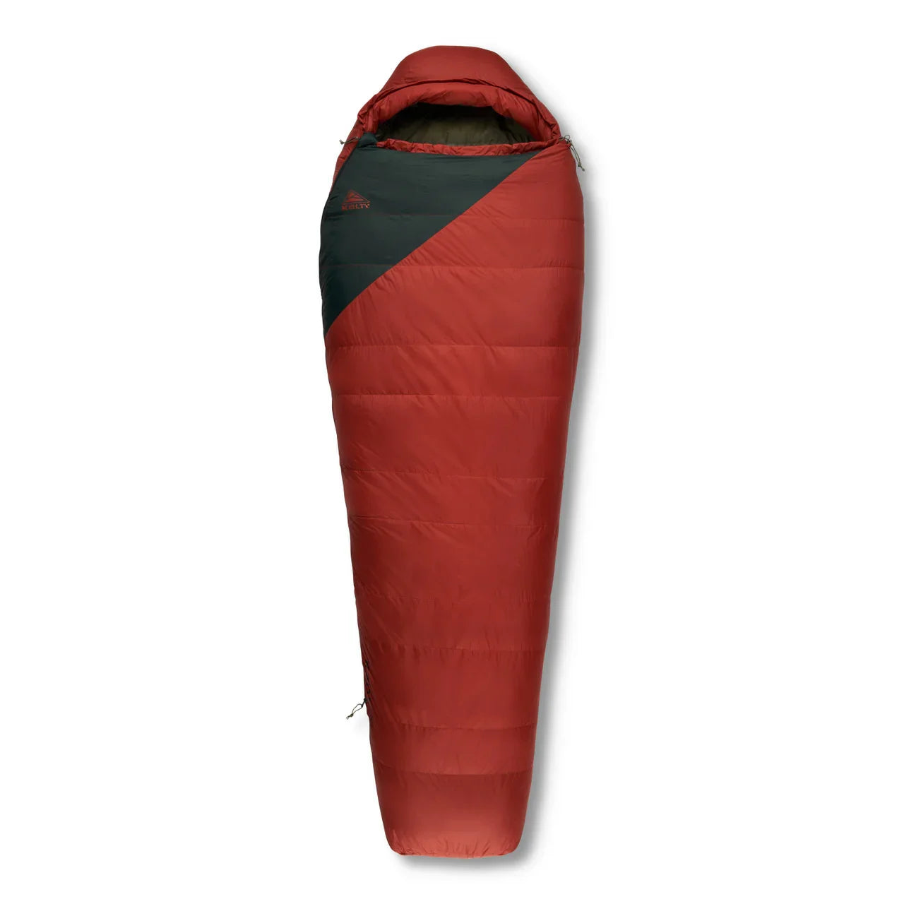 Red Kelty Cosmic Down mummy sleeping bag with black accent on white background
