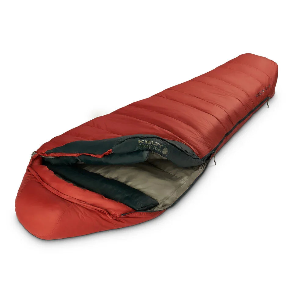 Kelty Cosmic Down red mummy sleeping bag with zipper, insulated and lightweight design