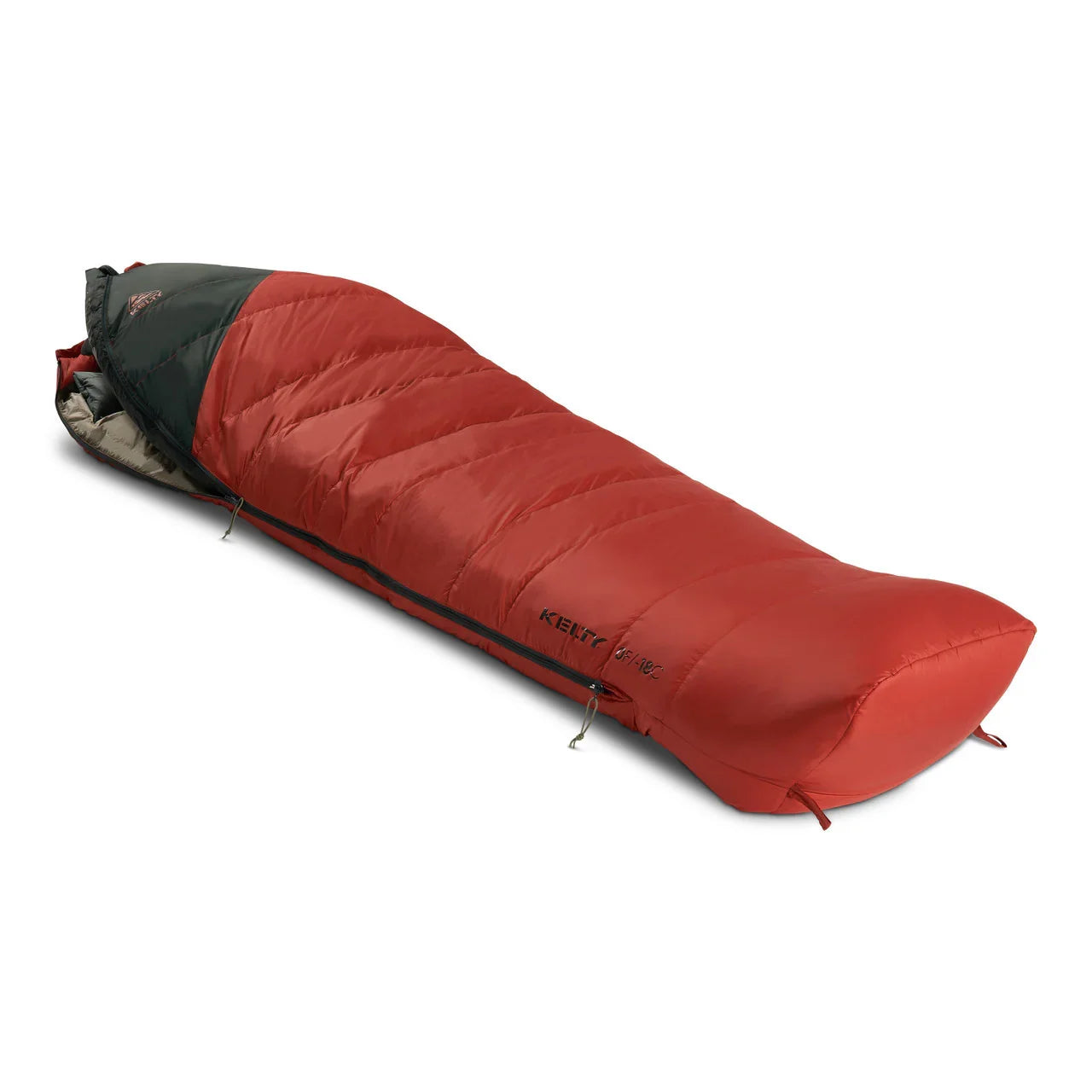 Red Kelty Cosmic Down sleeping bag with black hood on white background