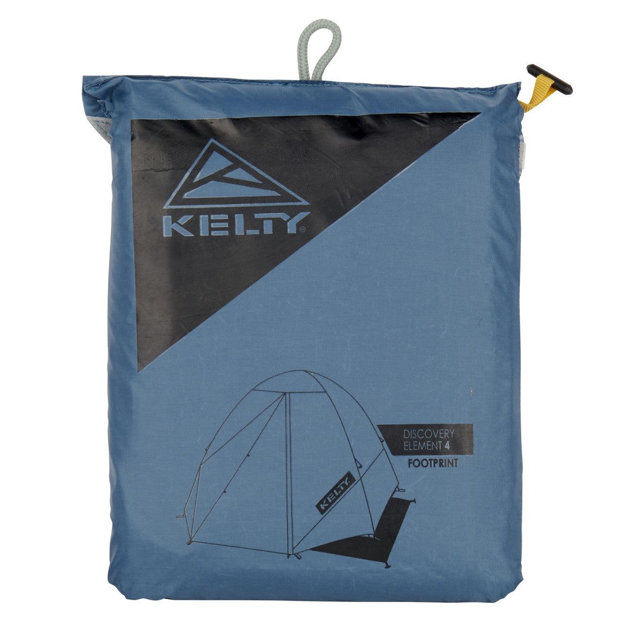 Kelty Discovery Element 4 tent footprint in blue storage bag with logo and tent illustration