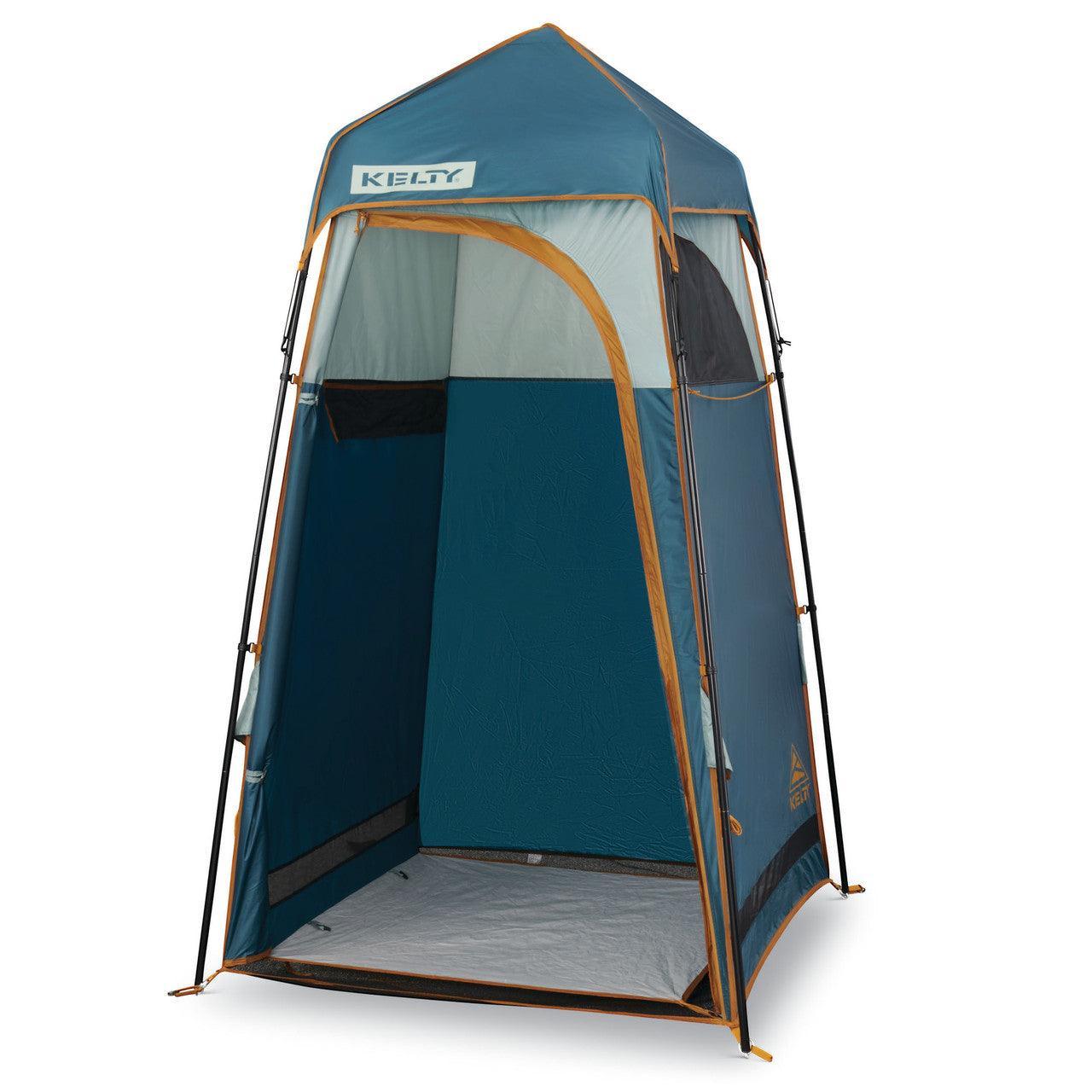 Kelty Discovery H2GO blue camping shower tent with orange trim and mesh window