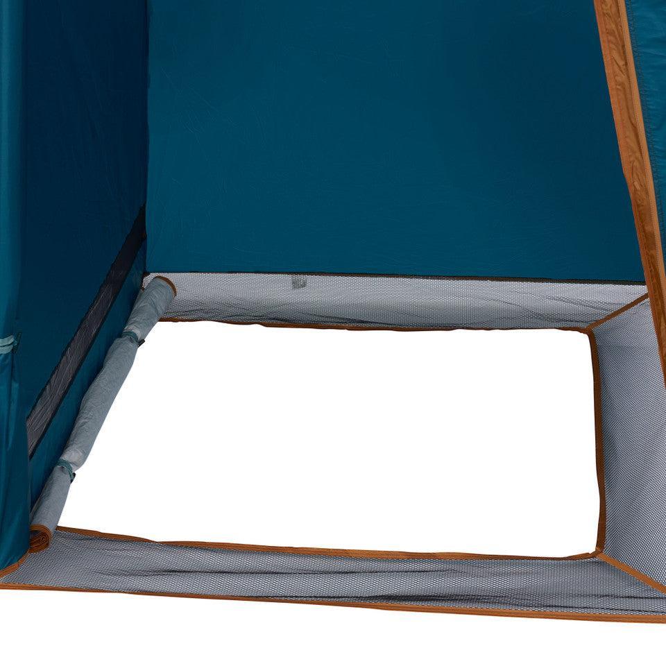 Kelty Discovery H2GO tent corner with blue fabric, mesh floor, and brown trim for camping