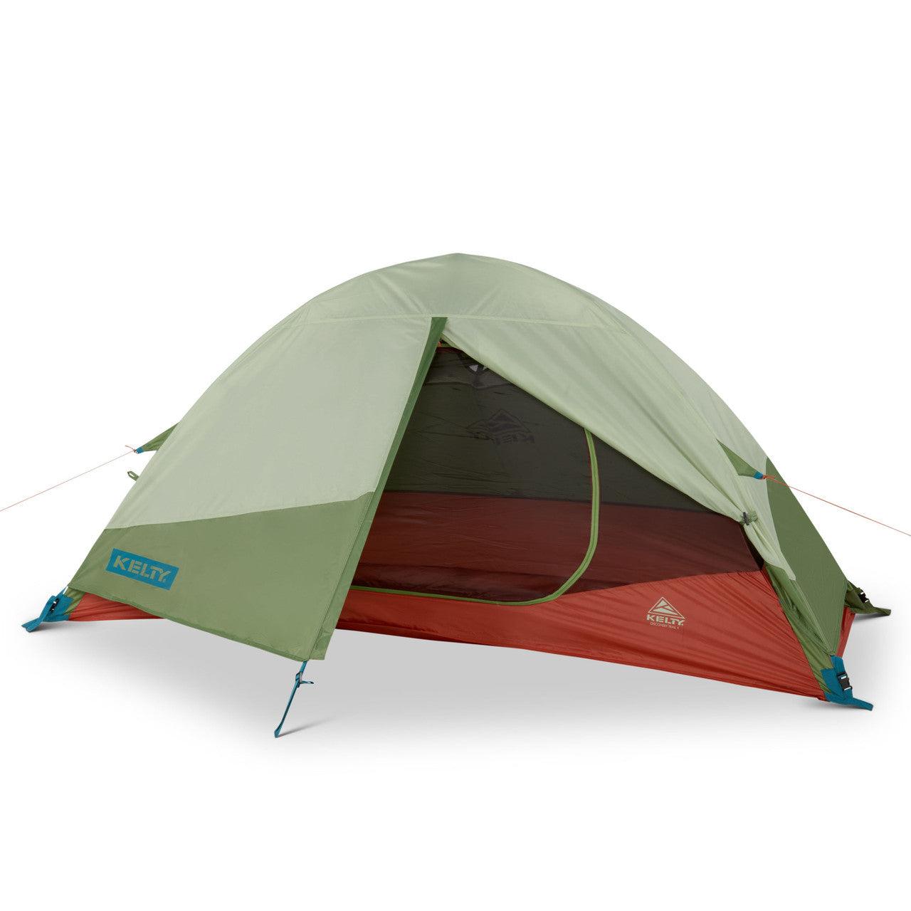 Kelty Discovery Trail green and red dome tent with open door on white background