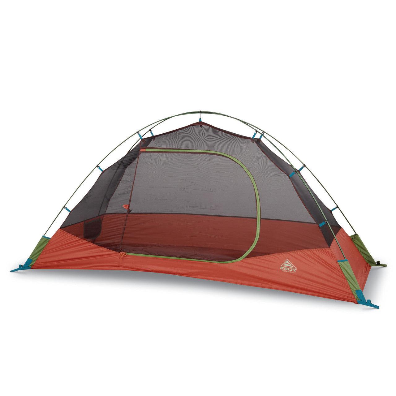Kelty Discovery Trail tent in red and green with mesh panels and dome design on white background