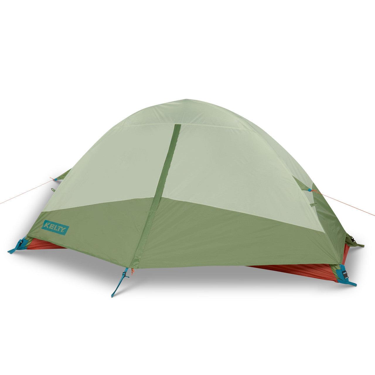 Kelty Discovery Trail dome tent in light green and sage with orange guy lines