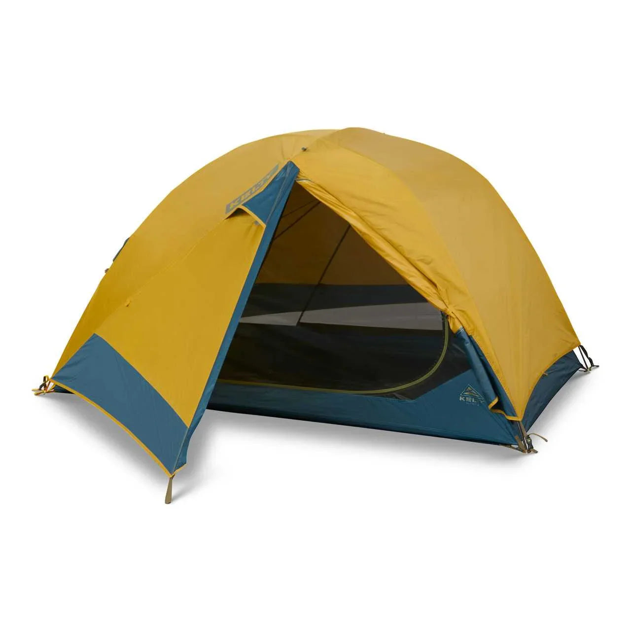 Kelty Far Out 2 yellow and blue dome tent with open rainfly on white background