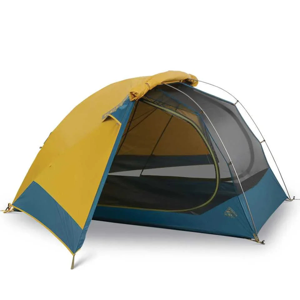 Kelty Far Out 2 two-person camping tent with yellow and blue rainfly and mesh door