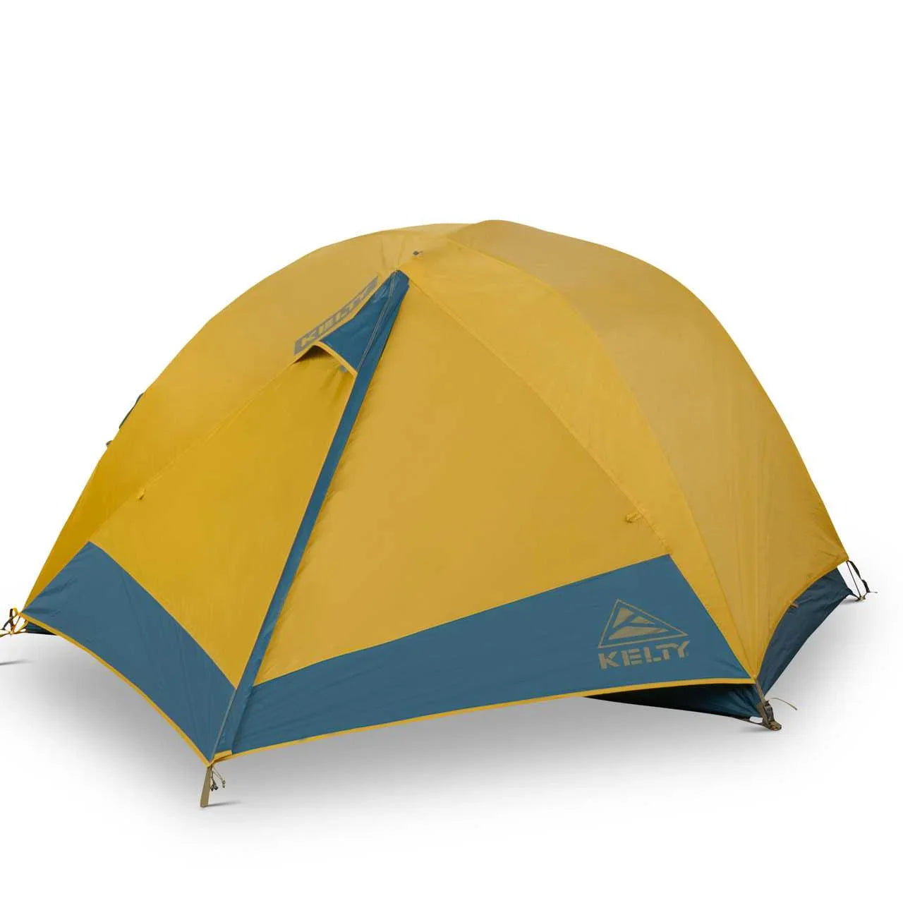 Kelty Far Out 2 two-person yellow and blue dome camping tent with Kelty logo.