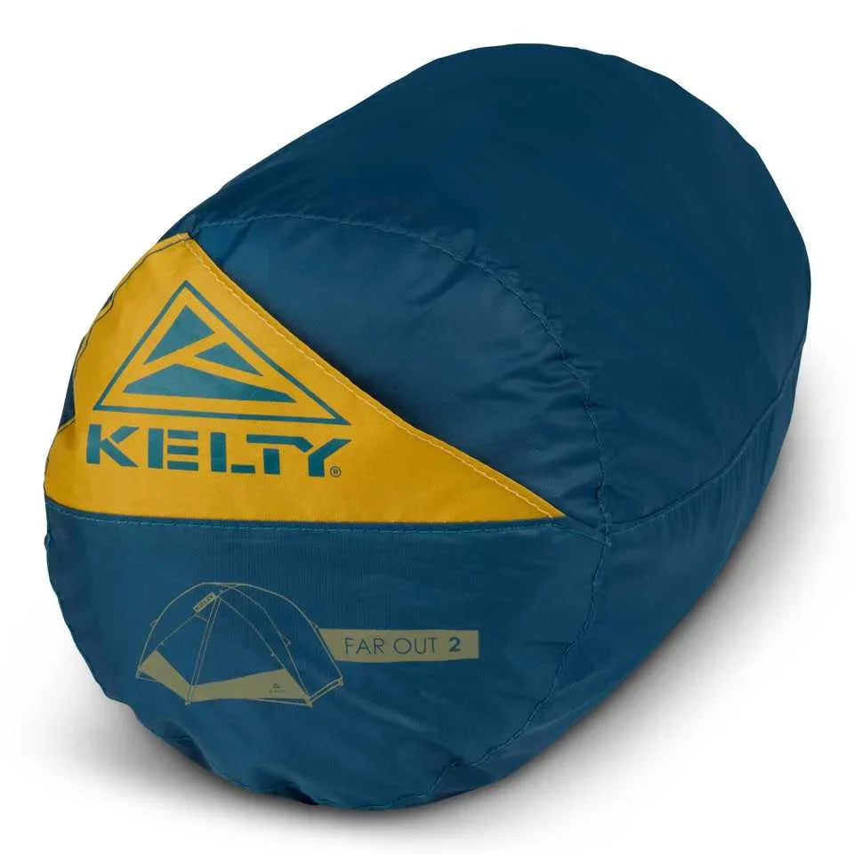 Kelty Far Out 2 tent packed in blue and yellow stuff sack with logo and tent graphic