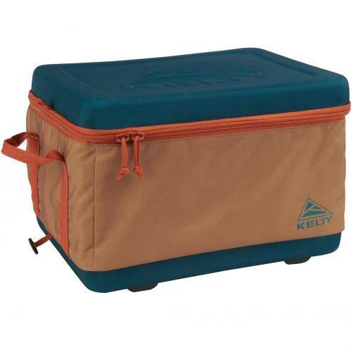 Kelty folding cooler in tan and teal with orange zipper, outdoor portable insulated bag