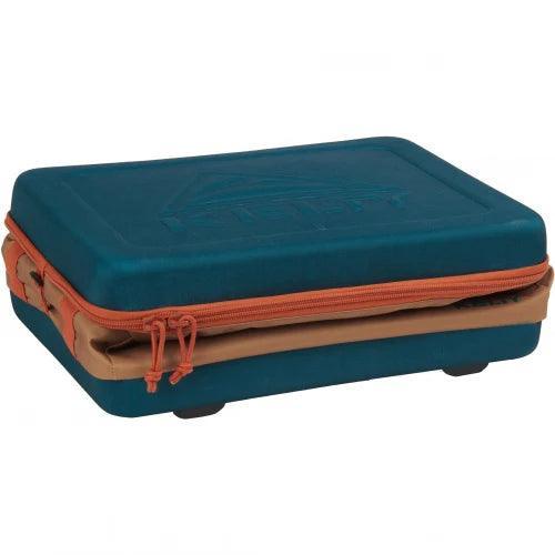 Kelty folding cooler in blue and tan with orange zipper, closed and compact for outdoor use