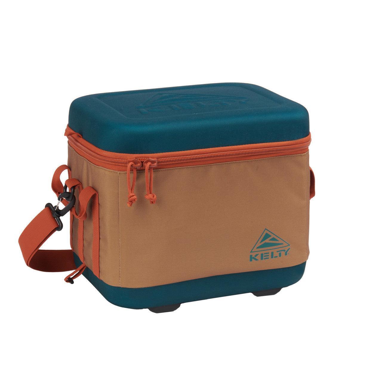 Kelty folding cooler with orange strap and blue lid, insulated for outdoor use