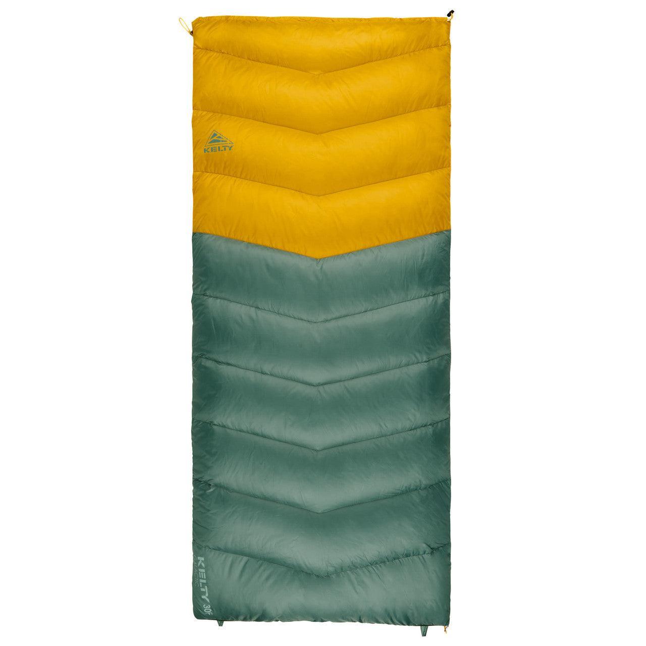 Kelty rectangular sleeping bag yellow and green for camping and outdoor adventures