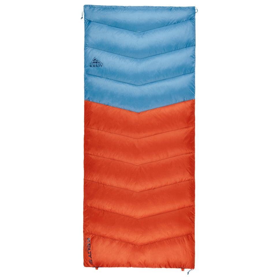 Rectangular Kelty sleeping bag with blue top and orange bottom, chevron quilted pattern