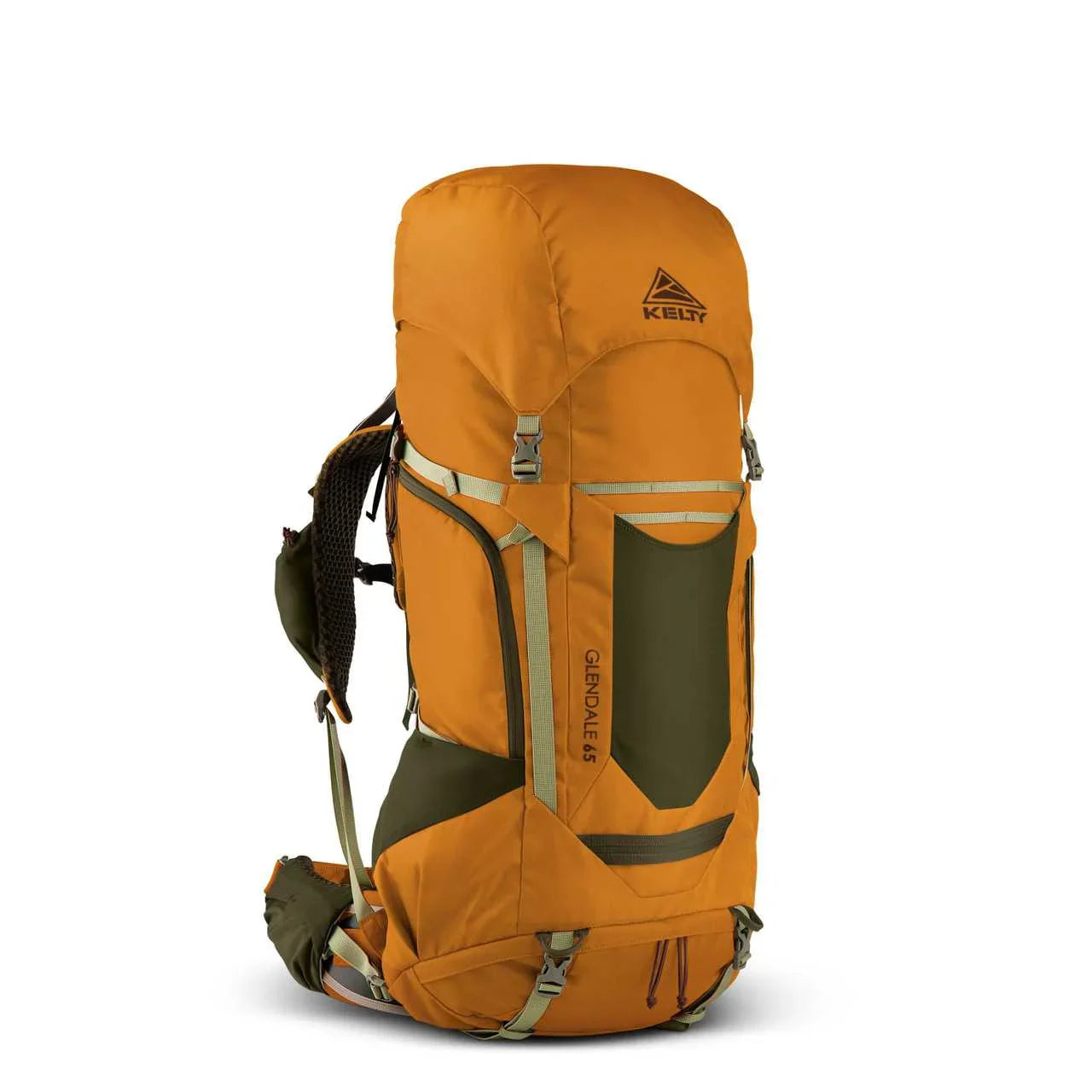 Kelty Glendale 65L orange hiking backpack with green accents on white background