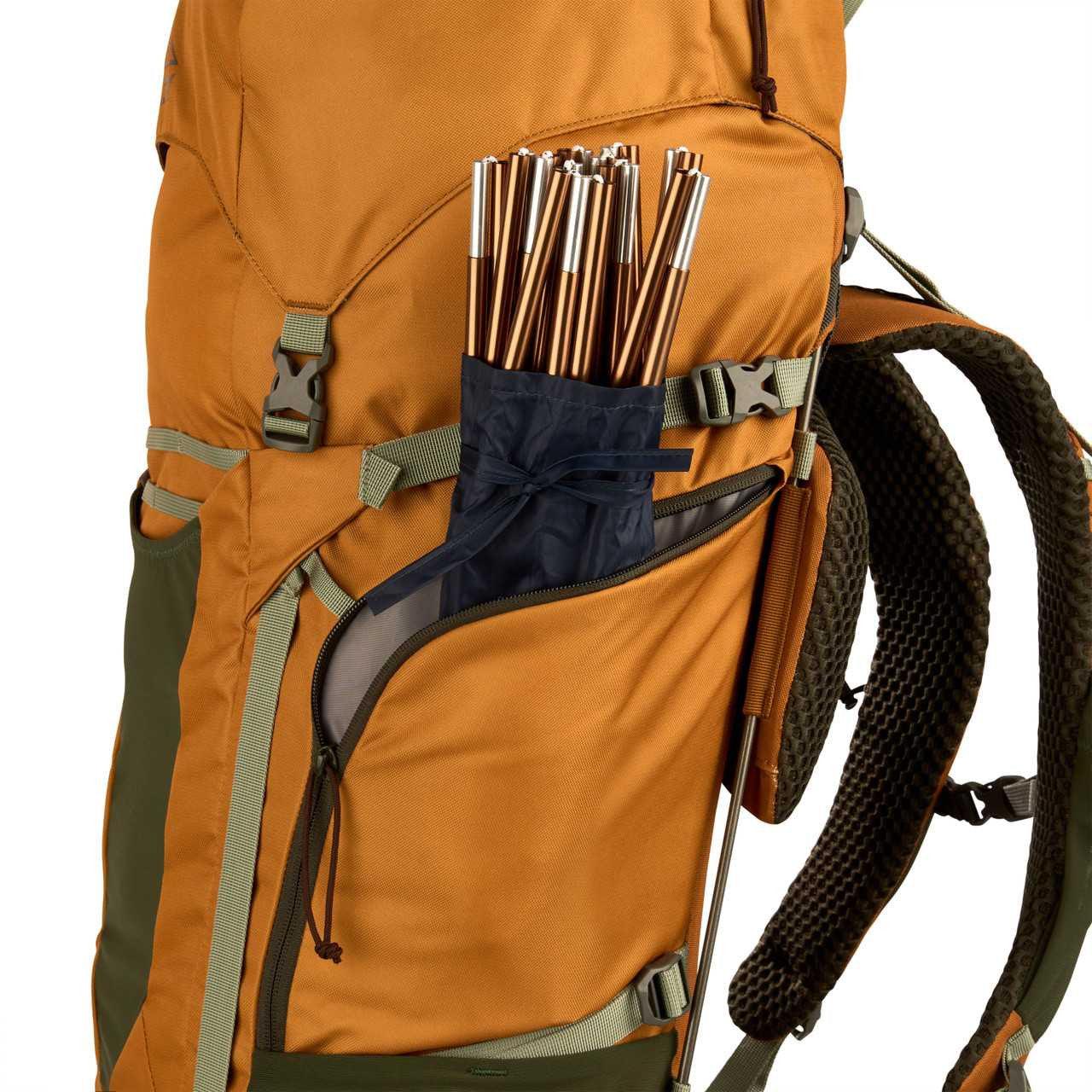 Kelty Glendale 65L orange backpack close-up with tent poles in side zip pocket