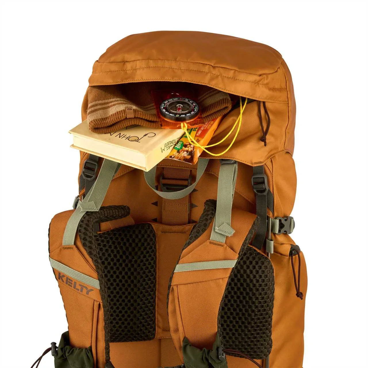 Kelty Glendale 65L brown hiking backpack with map, compass, snacks, and hat in top pocket