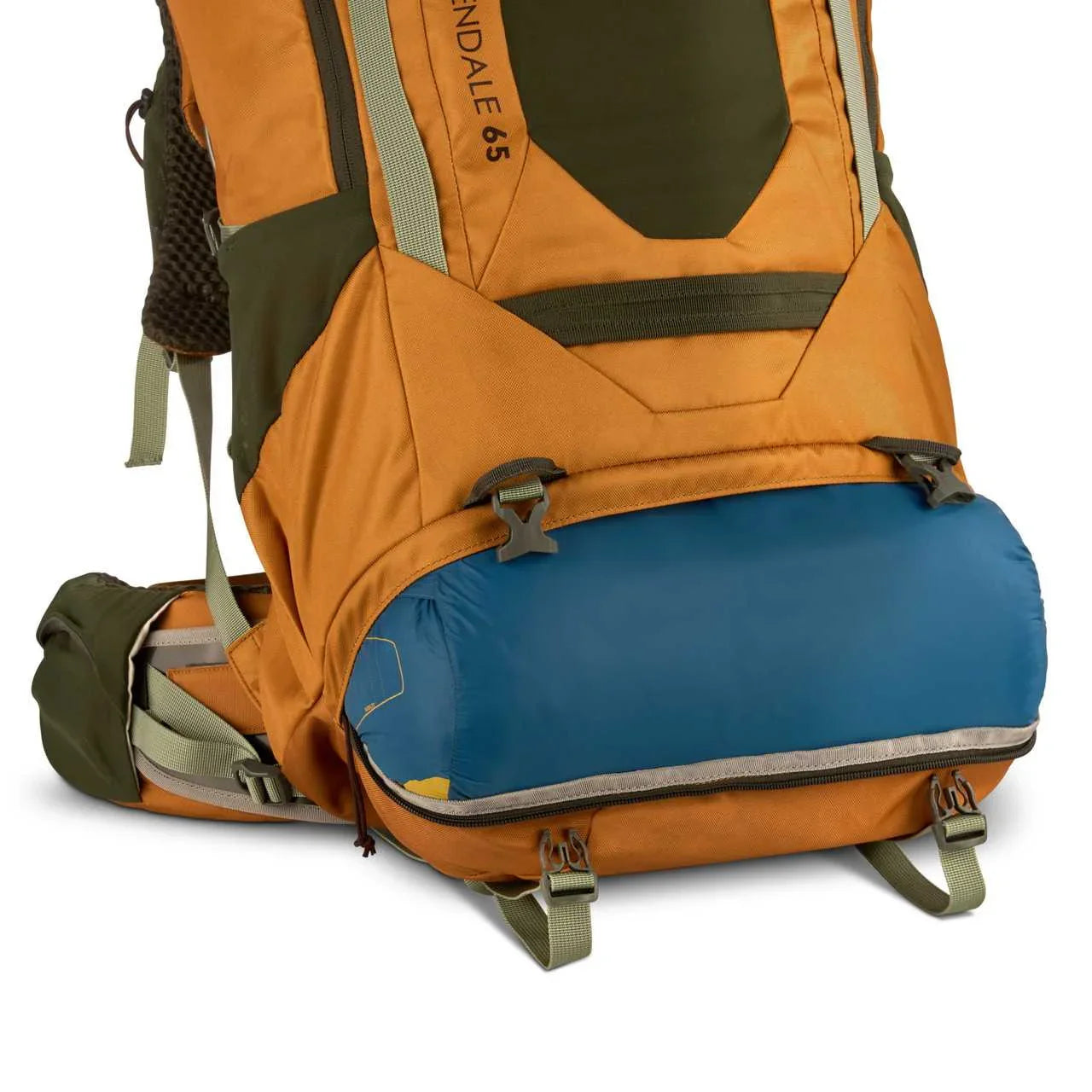 Kelty Glendale 65L backpack orange and green with blue bottom compartment