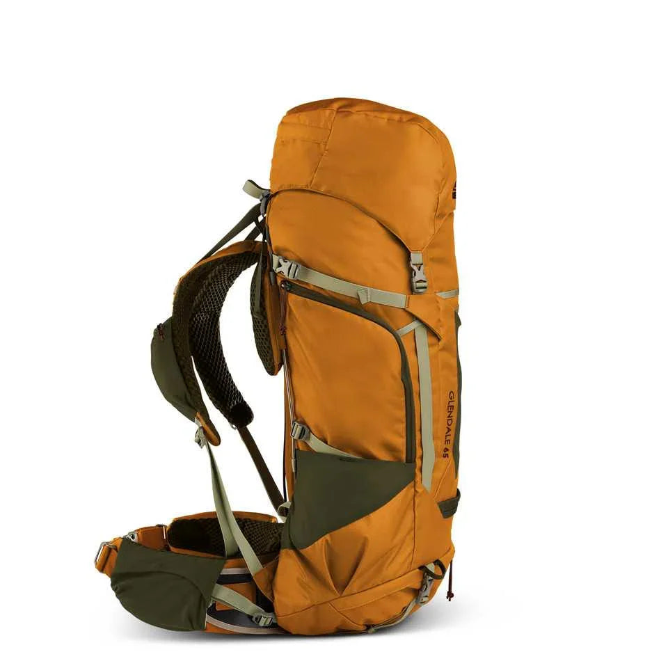 Kelty Glendale 65L orange and green hiking backpack with hip belt and large side pockets