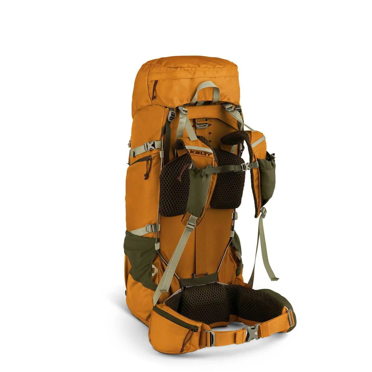 Kelty Glendale 65L orange hiking backpack with green straps and padded hip belt