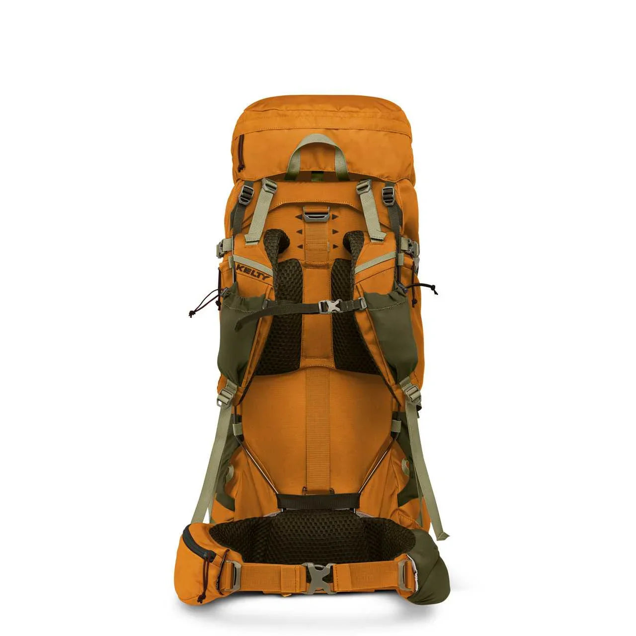 Kelty Glendale 65L orange and green hiking backpack with padded straps and hip belt