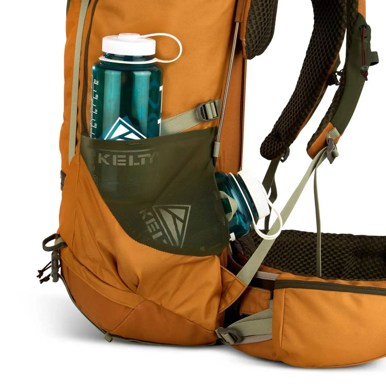 Kelty Glendale 65L hiking backpack side pocket with blue water bottles