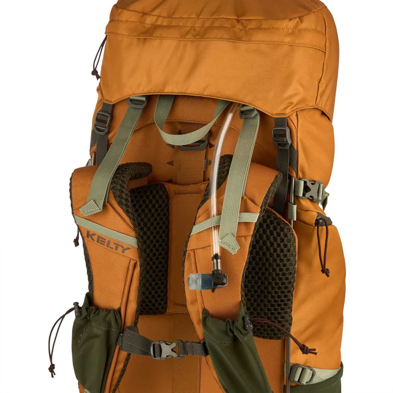 Kelty Glendale 65L orange hiking backpack with padded straps and hydration tube