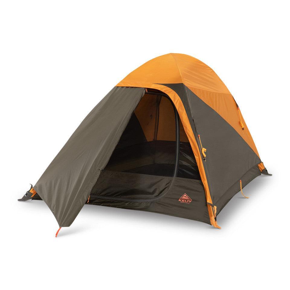 Kelty Grand Mesa 2 backpacking tent in orange and grey set up on white background
