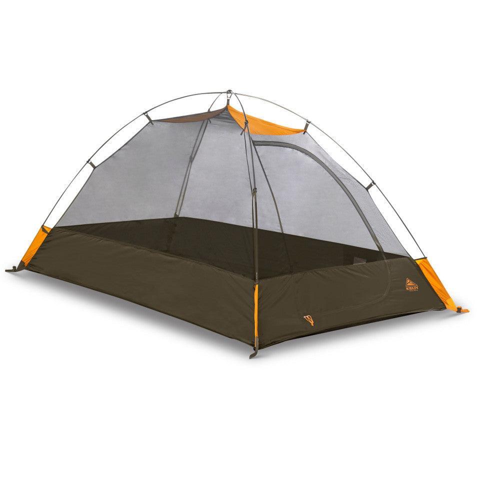 Kelty Grand Mesa 2 backpacking tent with mesh sides and orange accents on a white background