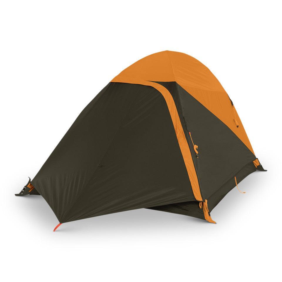 Kelty Grand Mesa 2 backpacking tent with orange and dark green rainfly, outdoor gear