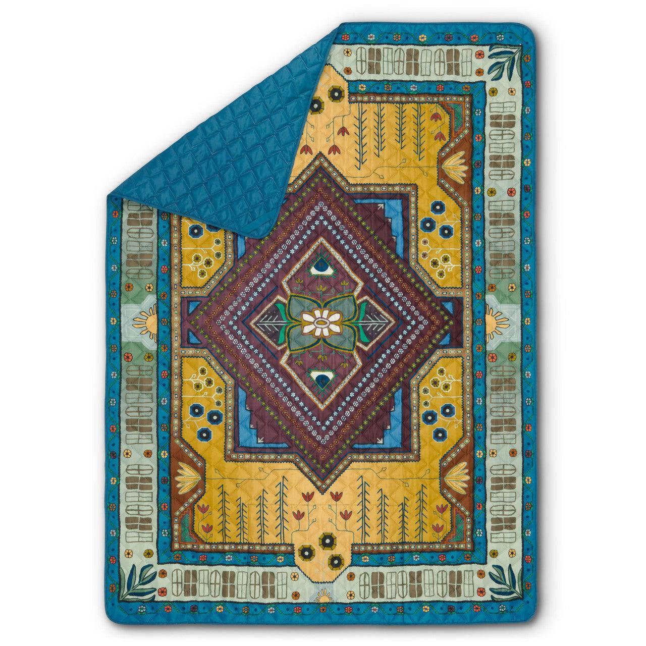 Colonial blue floral pattern Jeanie's Blanket with colorful geometric border