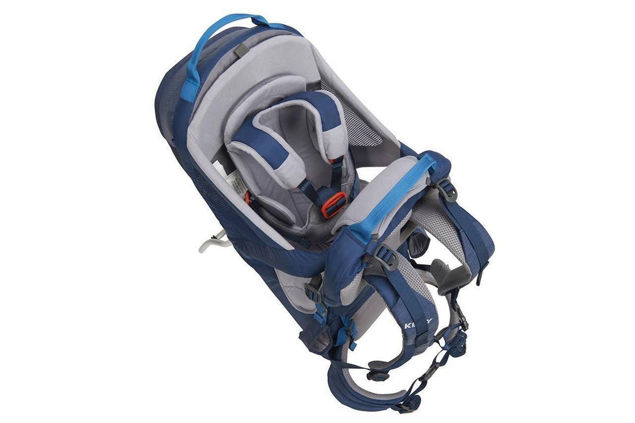 Blue and gray Kelty child carrier backpack with padded seat and harness