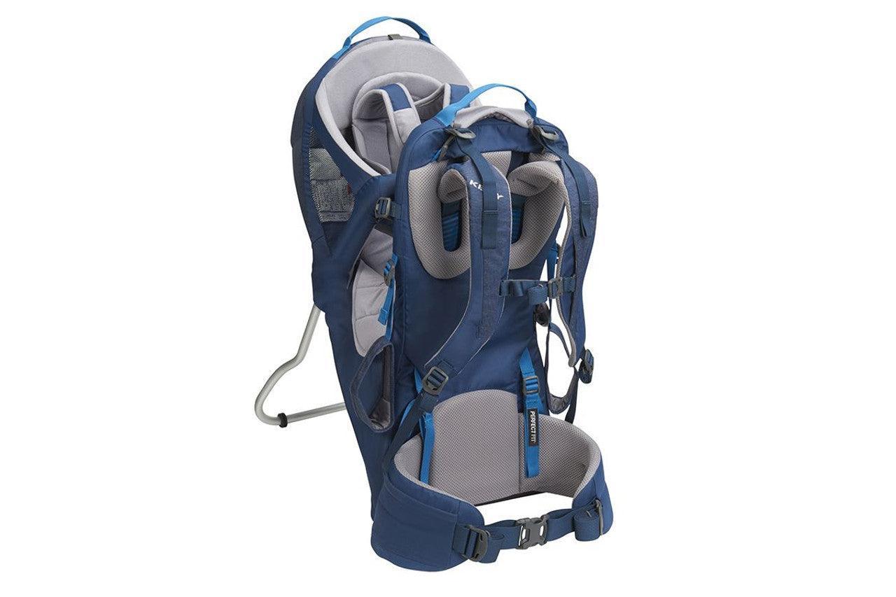 Blue and gray child carrier backpack with padded seat, straps, and metal support stand