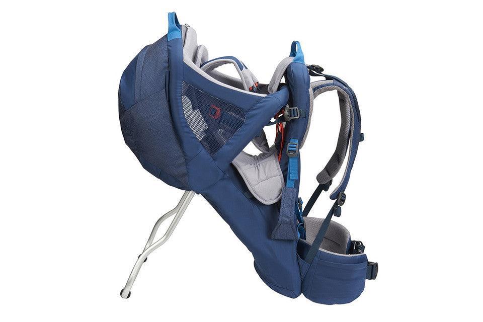 Blue hiking child carrier backpack with sturdy frame and padded shoulder straps