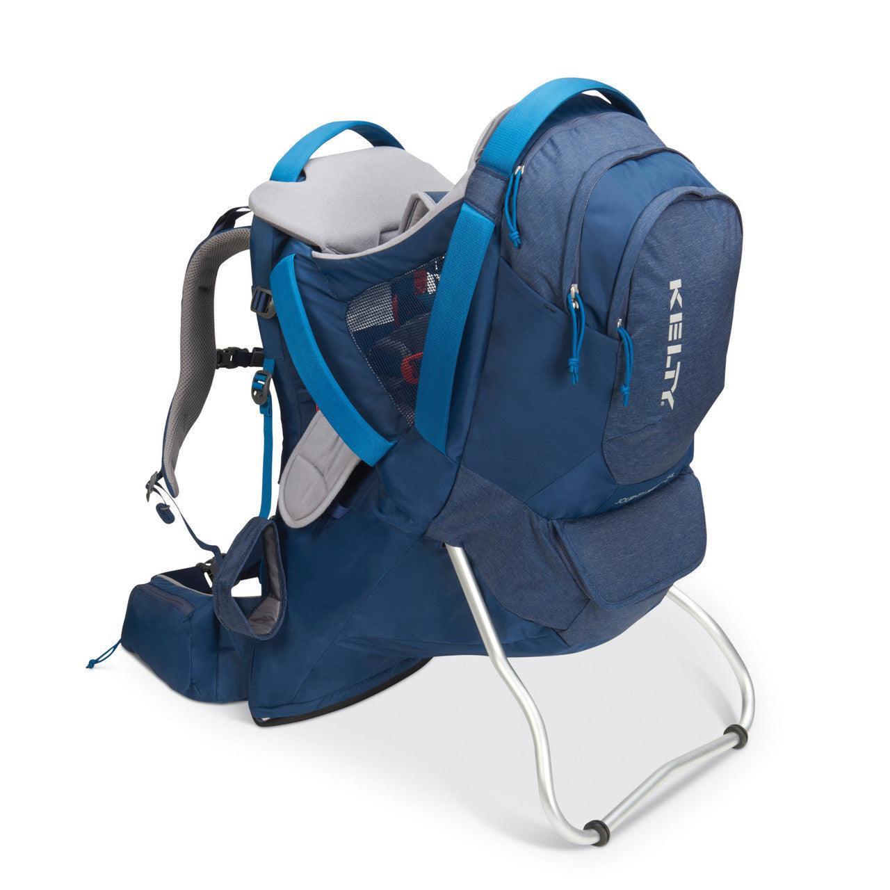 Blue Kelty child carrier backpack with metal frame and padded seat on white background