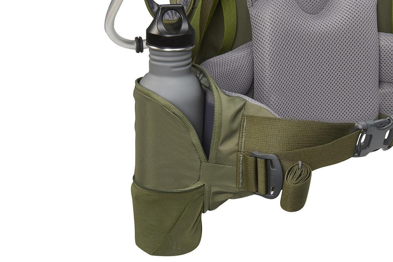 Olive green backpack waist pocket with water bottle holder and padded mesh back panel