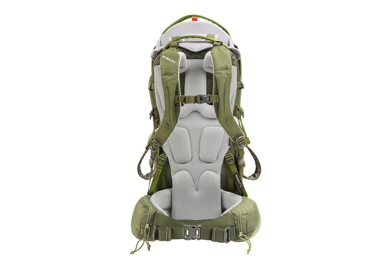 Moss green Kelty hiking backpack with padded straps and hip belt, front view on white background
