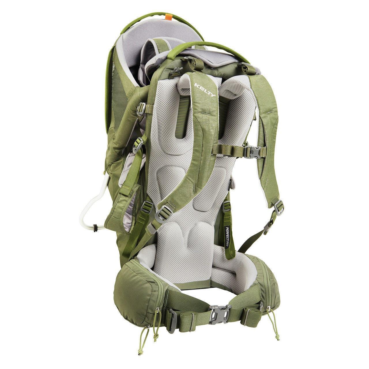 Kelty green child carrier hiking backpack with padded straps and ergonomic frame