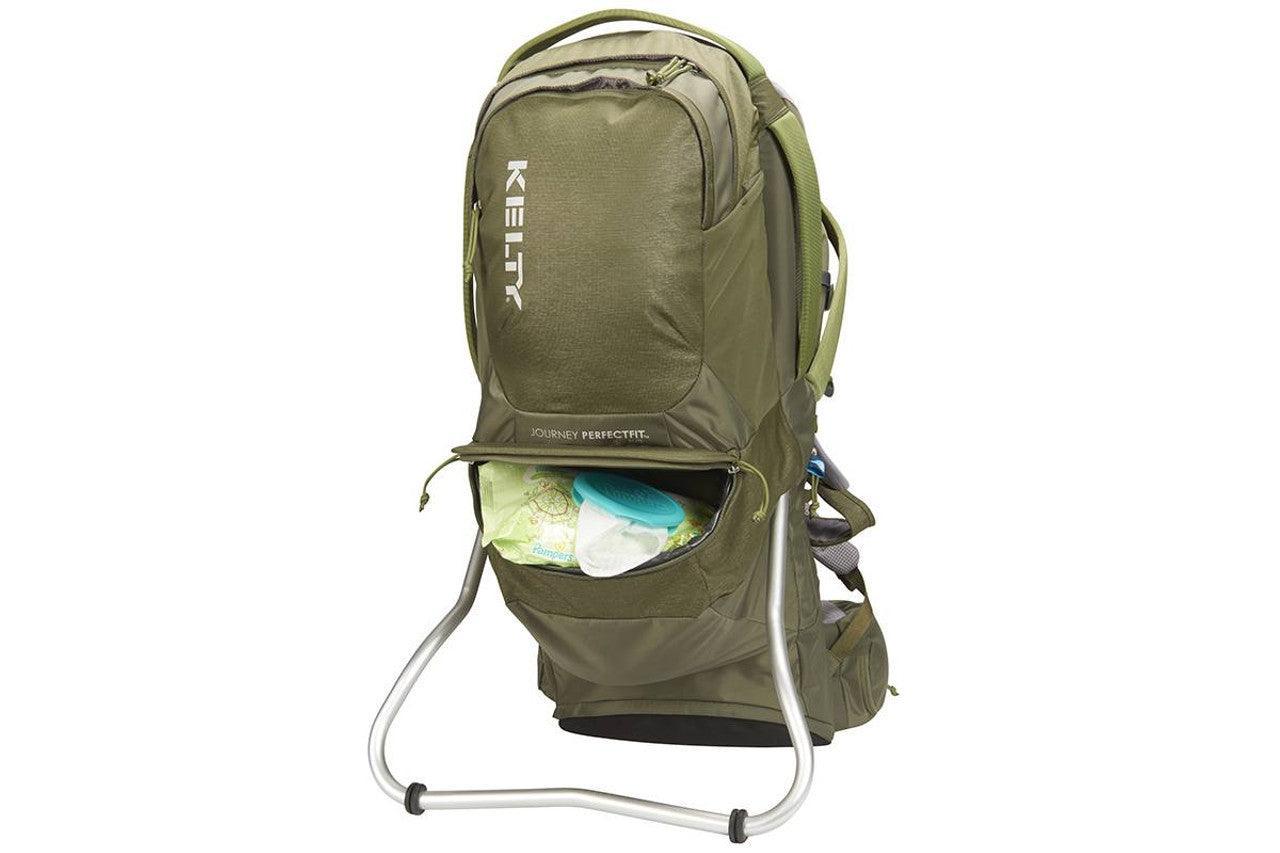Kelty Journey PerfectFIT Elite green hiking backpack with open storage pocket and metal frame