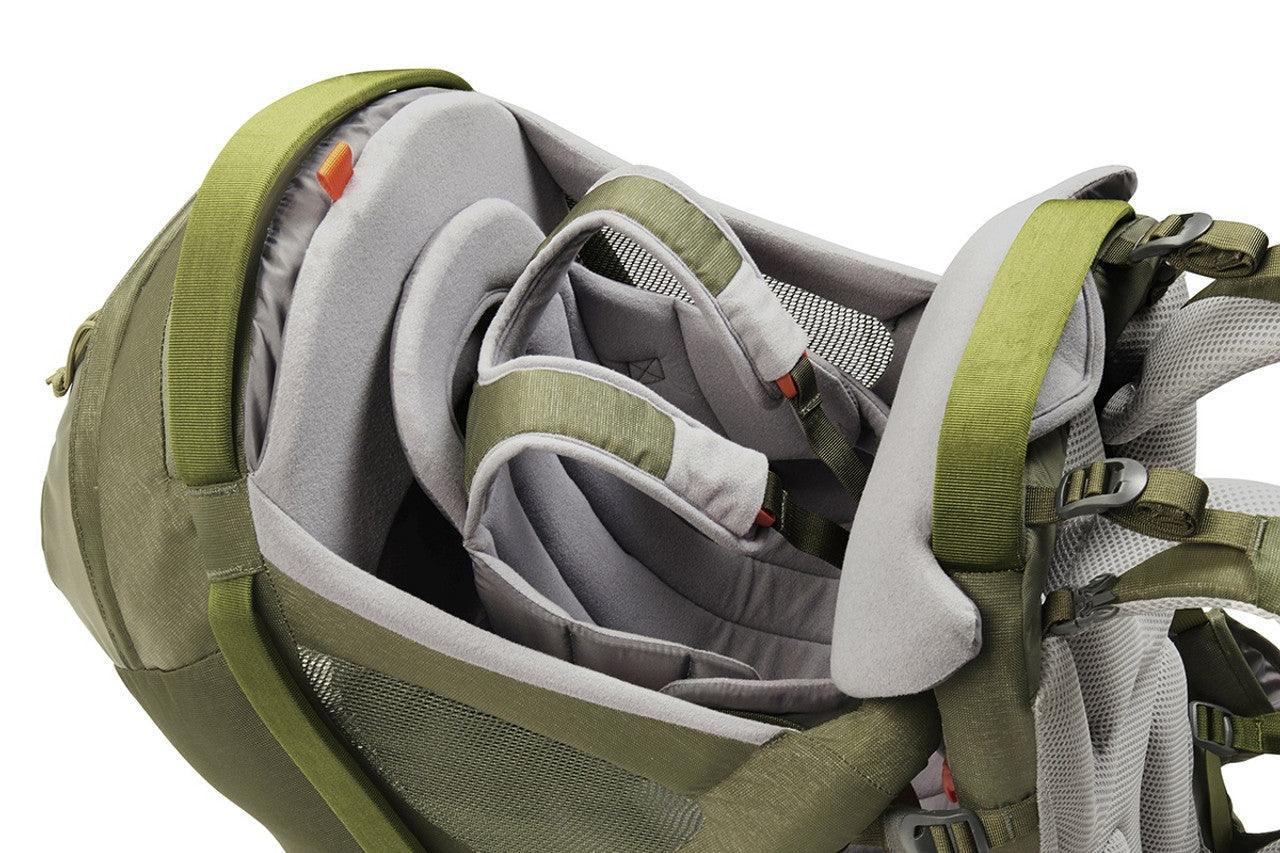 Olive green and grey child carrier backpack cockpit with padded straps and mesh panel