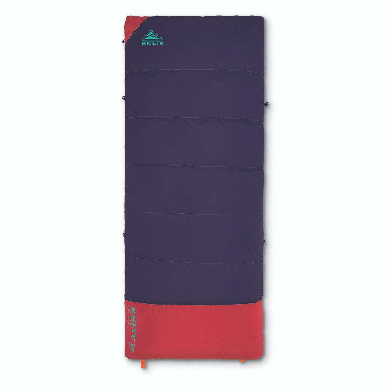 Kelty Callisto 30 sleeping bag, rectangular, navy and red, product on white background
