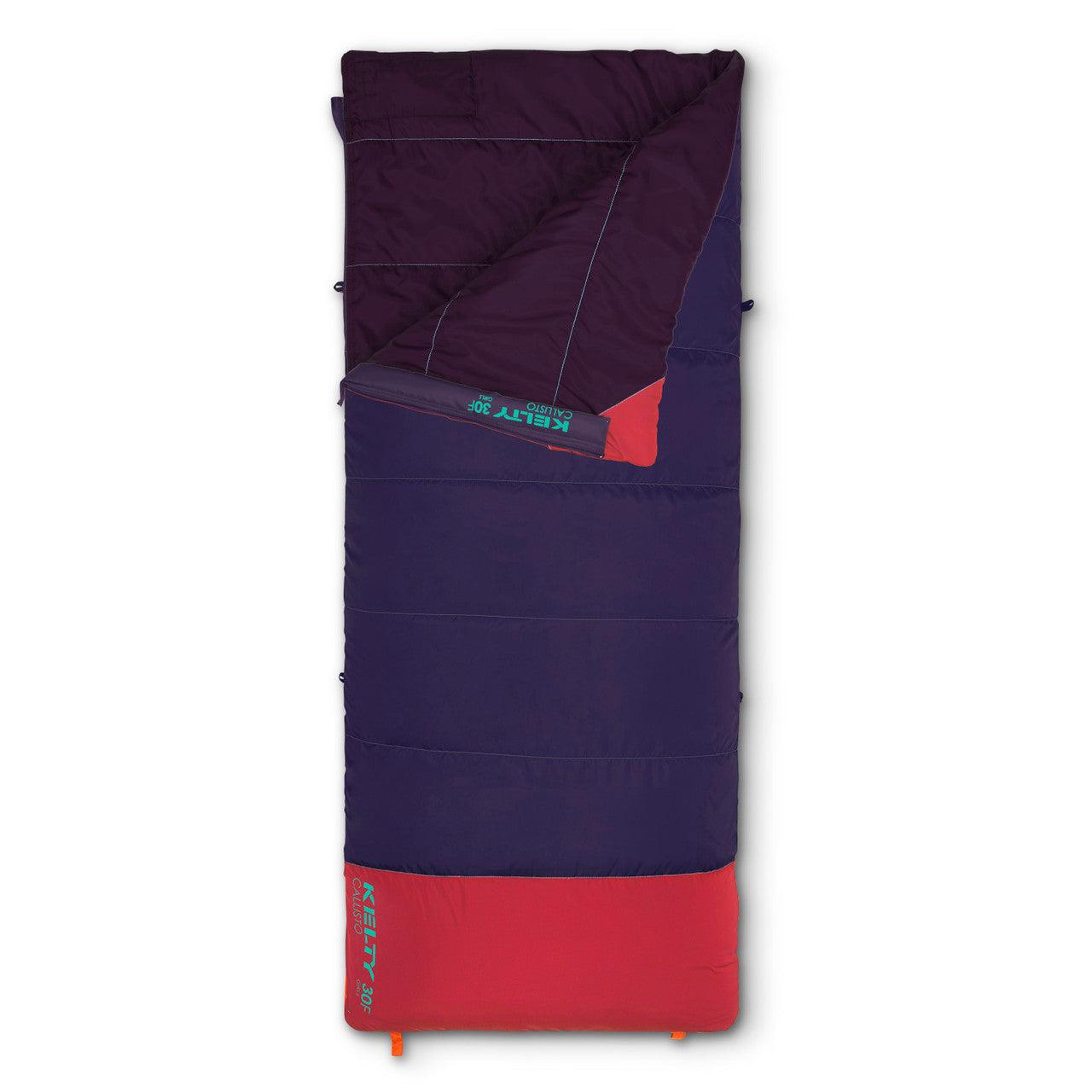 Kelty Callisto 30F sleeping bag in purple and red with logo, top view
