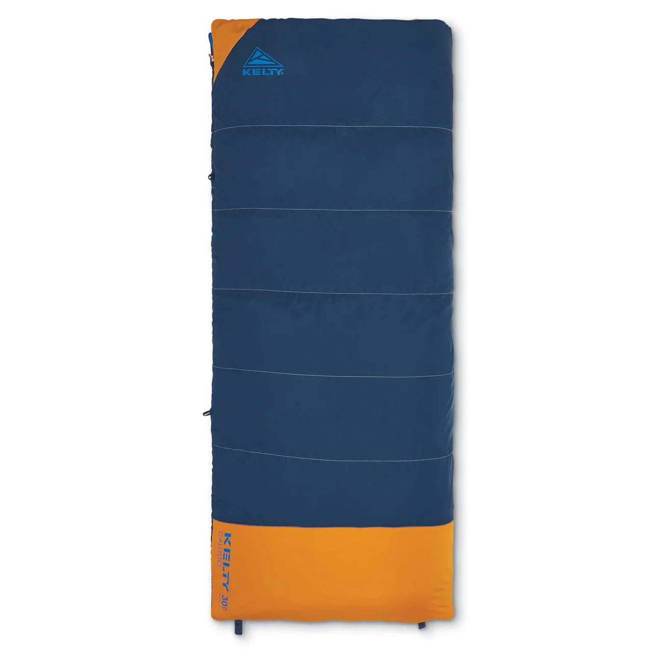 Kelty blue and orange rectangular sleeping bag for camping, isolated on white background
