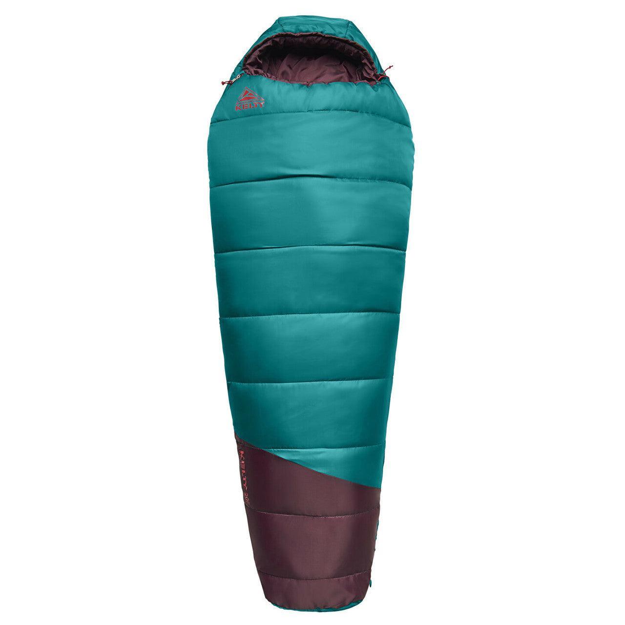 Teal and brown Kelty mummy sleeping bag for camping and outdoor adventures