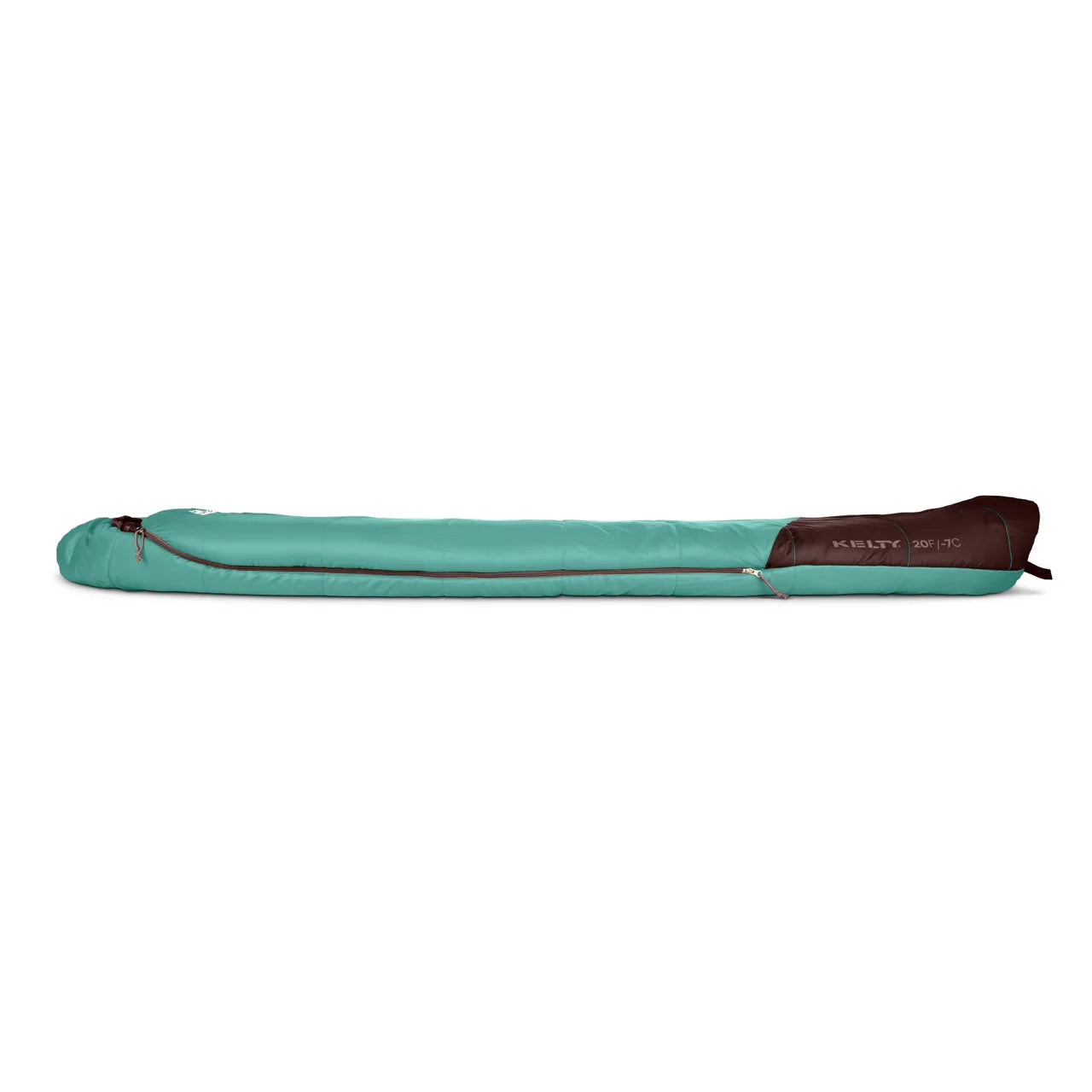 Kelty 20°F teal and brown mummy sleeping bag on white background