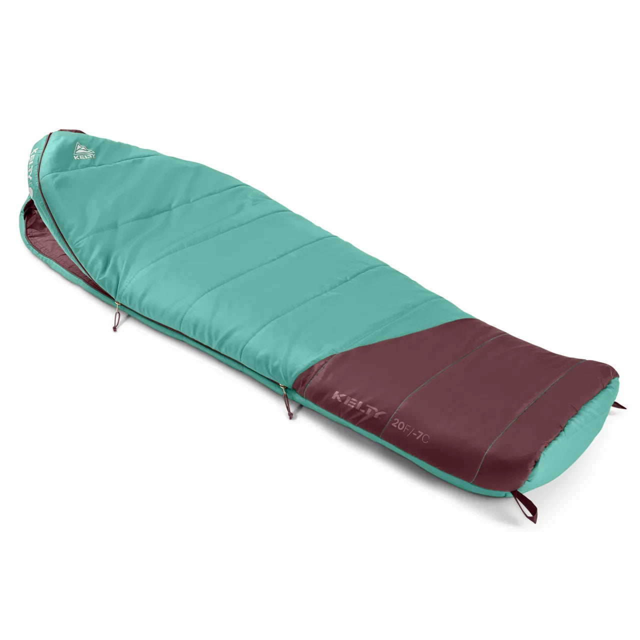 Kelty teal and brown mummy sleeping bag for camping, isolated on white background